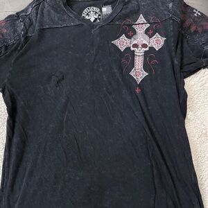 Affliction Black Tee with Skull and Cross Design